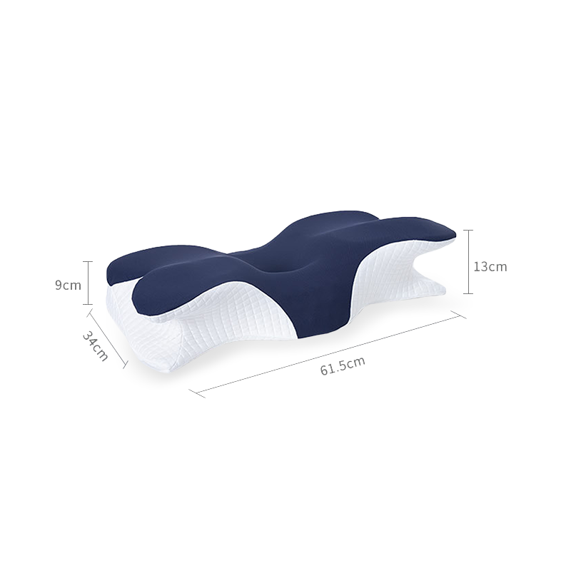 A contoured neck pillow shown on a white background with dimension lines and labels indicating 61.5 cm length, 13 cm height, 9 cm depth, and 34 cm side width.